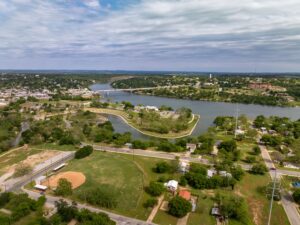 Aerial view of one of the best small cities to move to in Texas: Marble Falls.